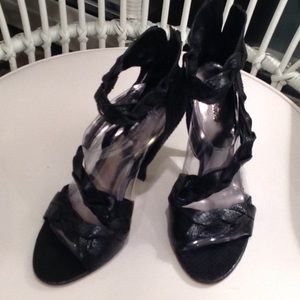 Black snake skin open toe heels